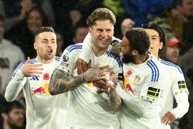 Joe Rodon celebrates for Leeds