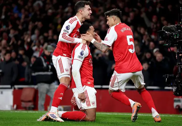 Martin Zubimendi celebrates with his Arsenal team-mates