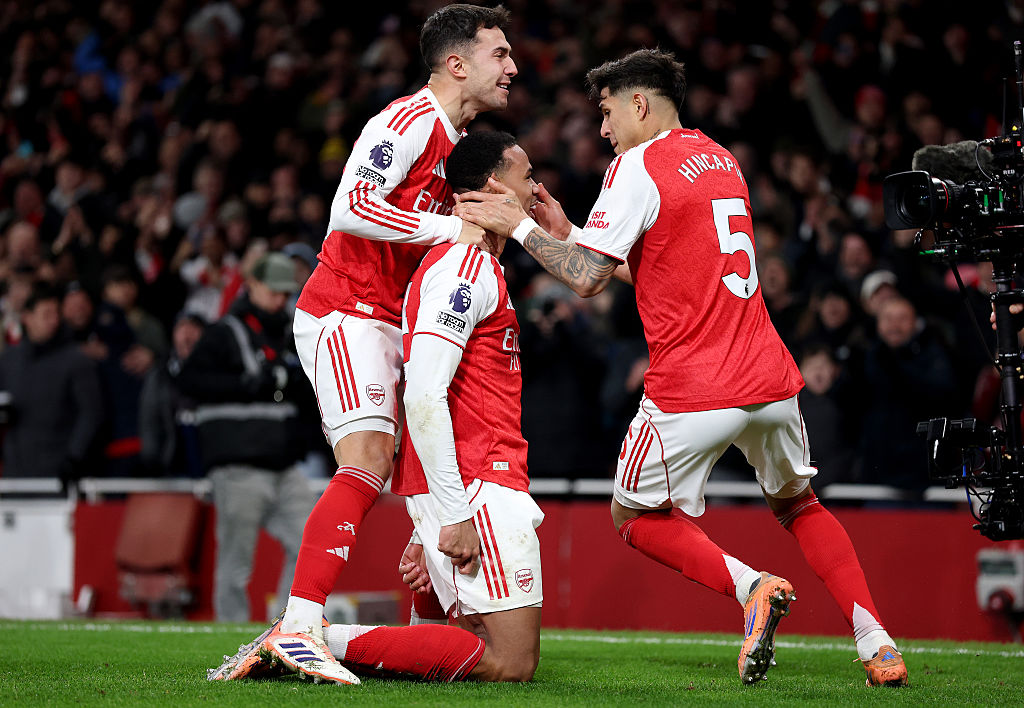 Martin Zubimendi celebrates with his Arsenal team-mates
