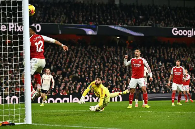 Conor Bradley comes close to scoring against Arsenal