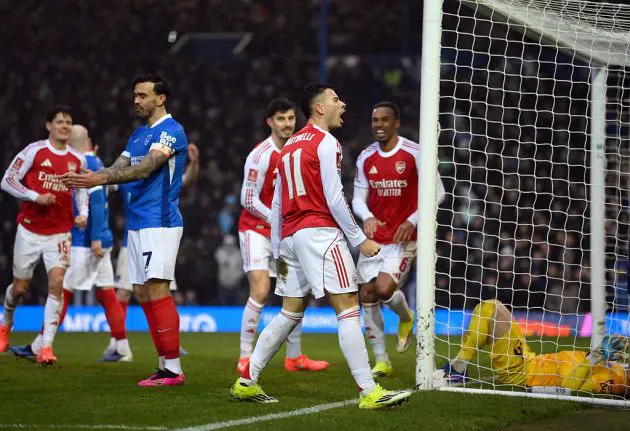 Gabriel Martinelli celebrates scoring against Portsmouth