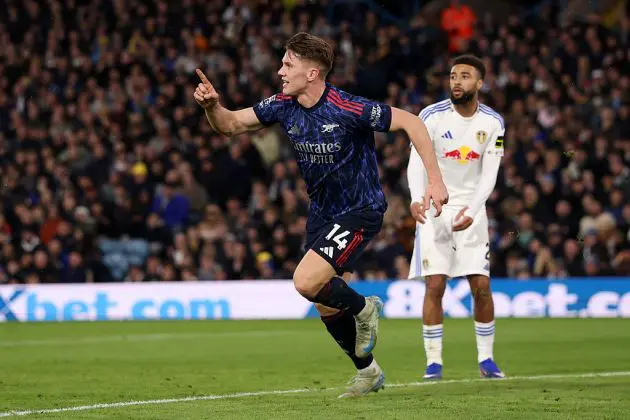 Viktor Gyoekeres of Arsenal celebrates scoring his team's third at Leeds (Photo by Carl Recine/Getty Images)