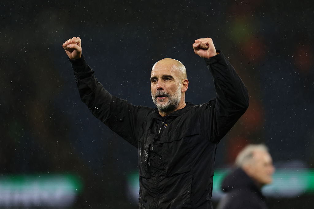 Pep Guardiola celebrates after Man City's win over Newcastle