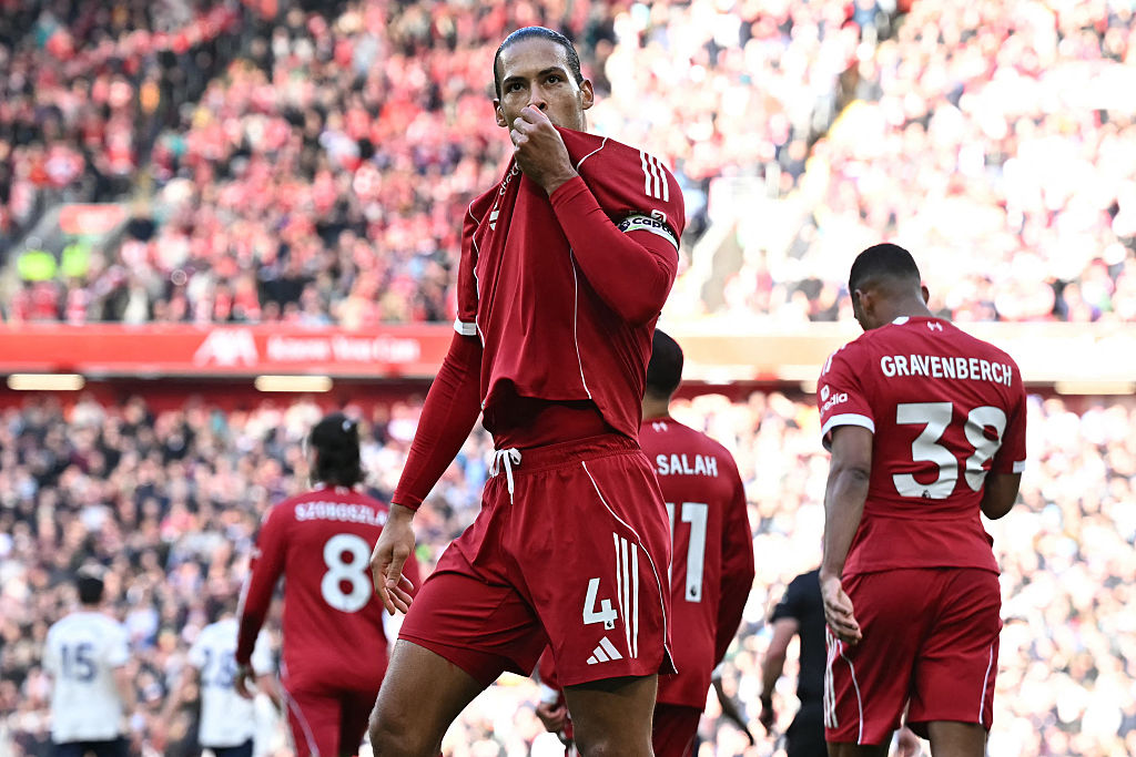 Virgil van Dijk celebrates against West Ham