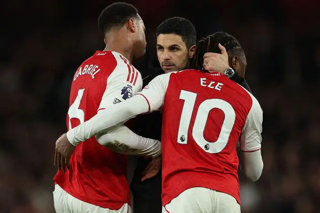 Mikel Arteta with Gabriel and Ebere Eze