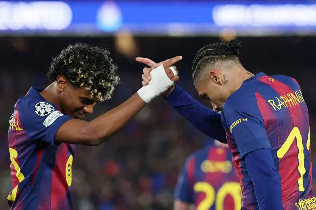 Lamine Yamal and Raphinha celebrate