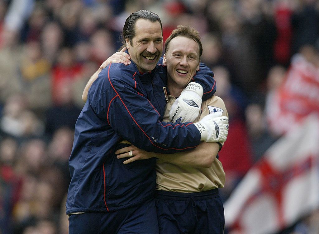 David Seaman and Lee Dixon of Arsenal celebrate
