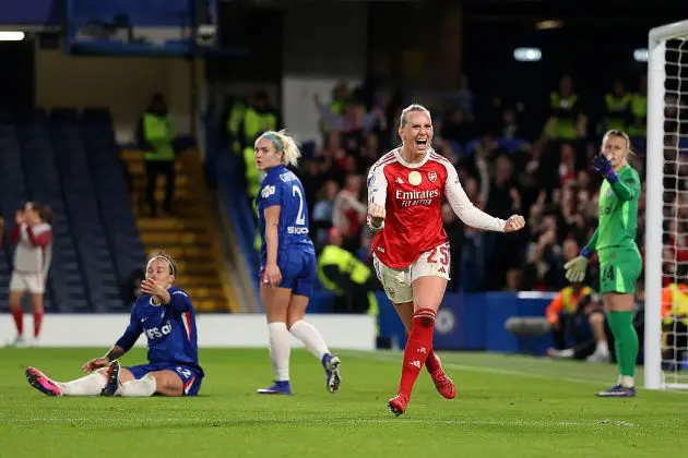 Blackstenius celebrates scoring against Chelsea