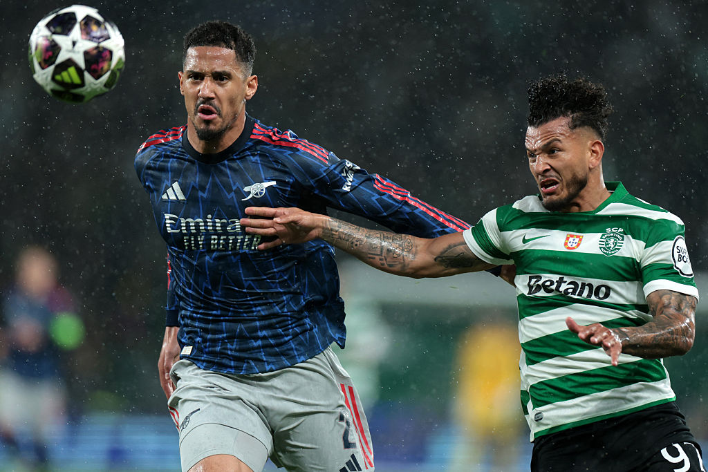 William Saliba battles for the ball
