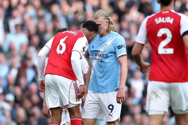 Gabriel and Erling Haaland clash