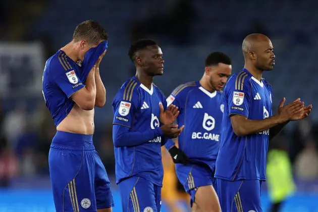 The Leicester City players after relegation to League One was confirmed