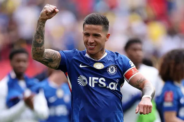 Enzo Fernandez celebrates after Chelsea reach the FA Cup final