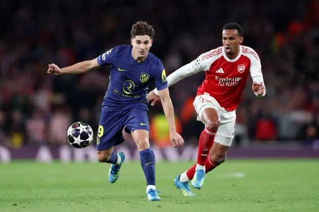 Atletico Madrid's Julian Alvarez and Arsenal's Gabriel Magalhaes