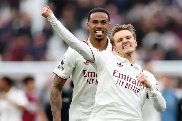Martin Odegaard and Gabriel celebrate