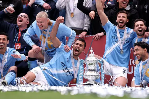 Man City midfielder Rodri celebrates with his team-mates