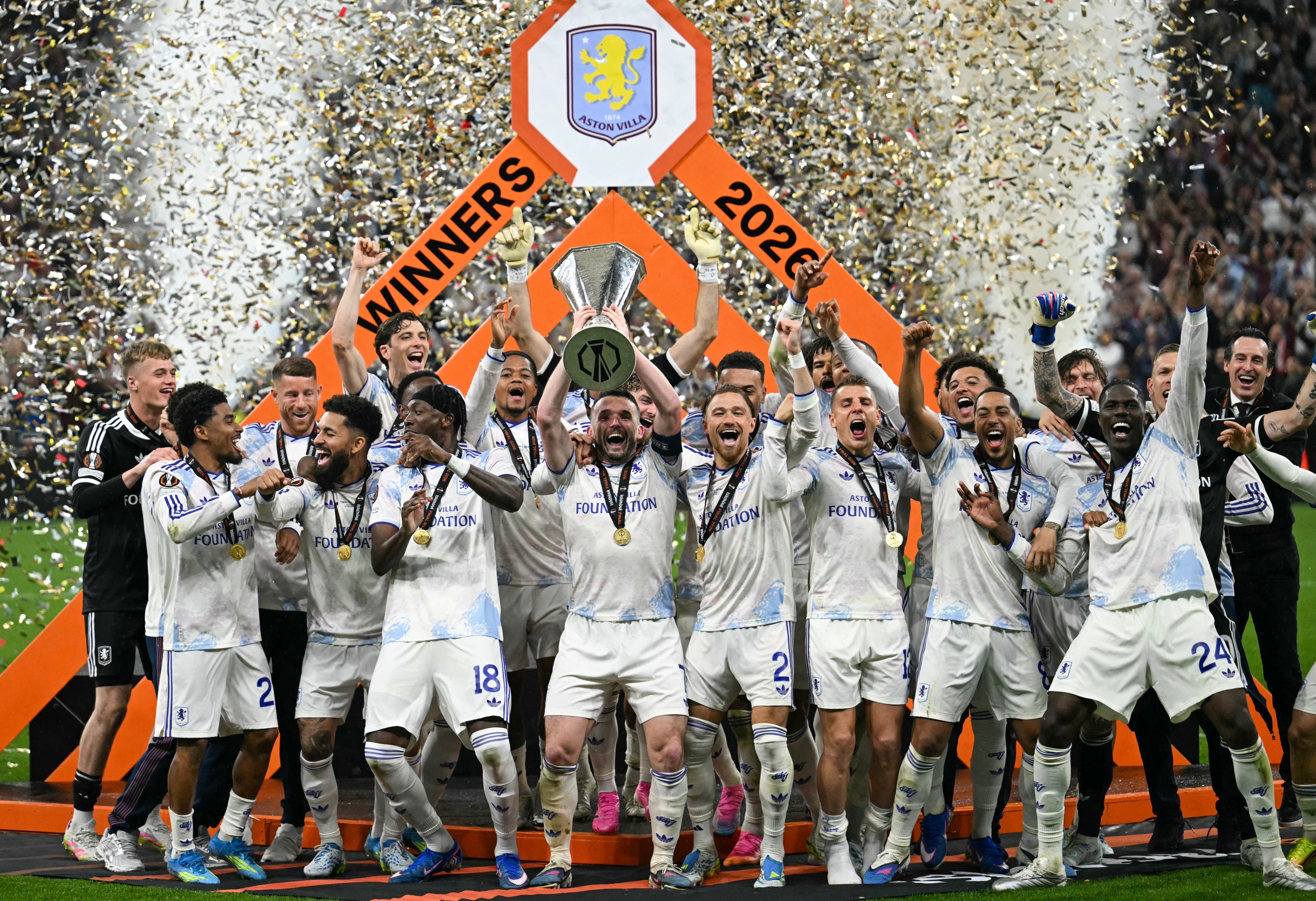 Aston Villa lift the Europa League trophy