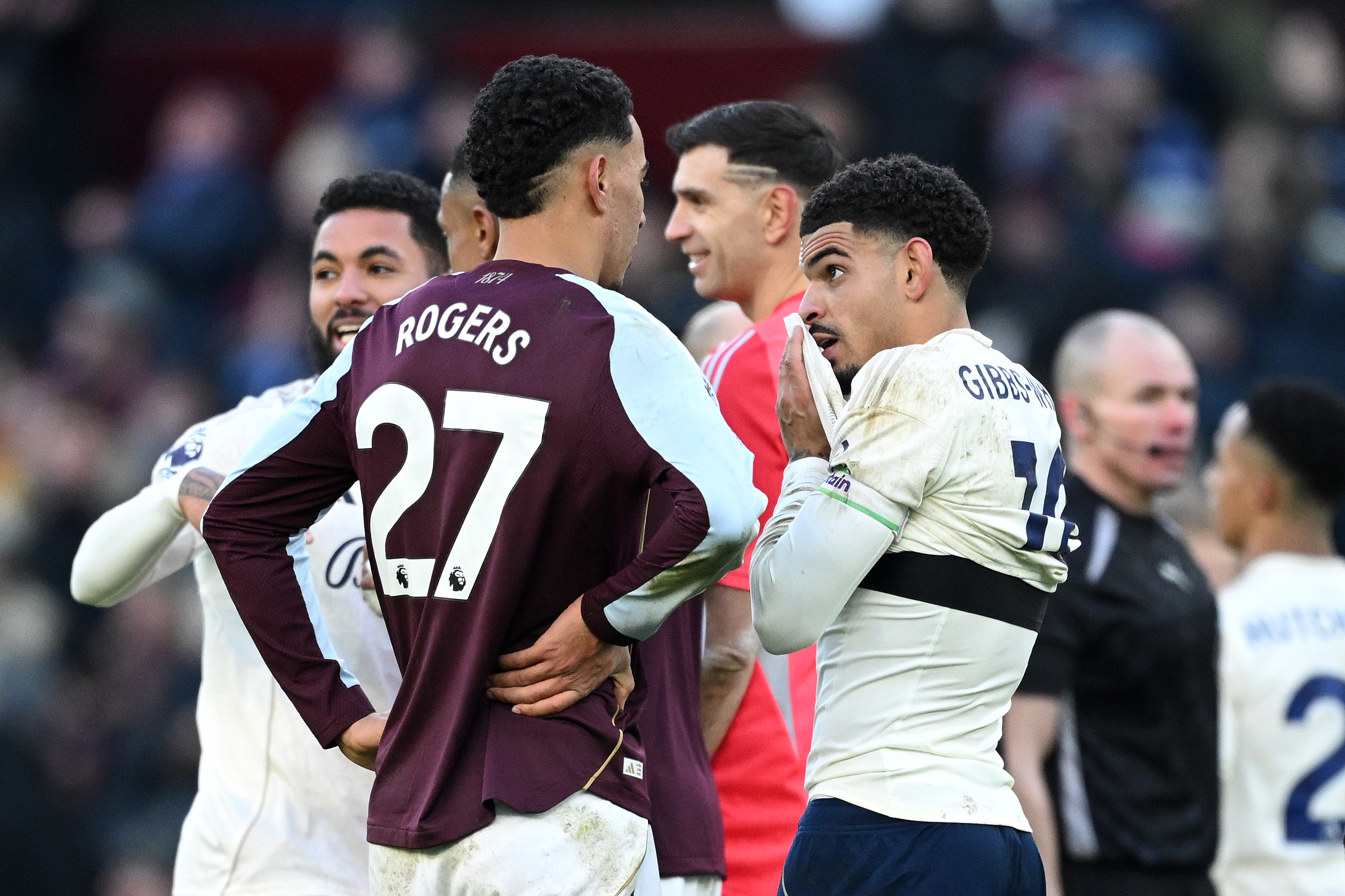 Morgan Rogers of Aston Villa interacts with Morgan Gibbs-White of Nottingham Forest