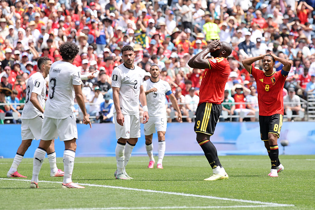 Romelu Lukaku reacts to his missed chance