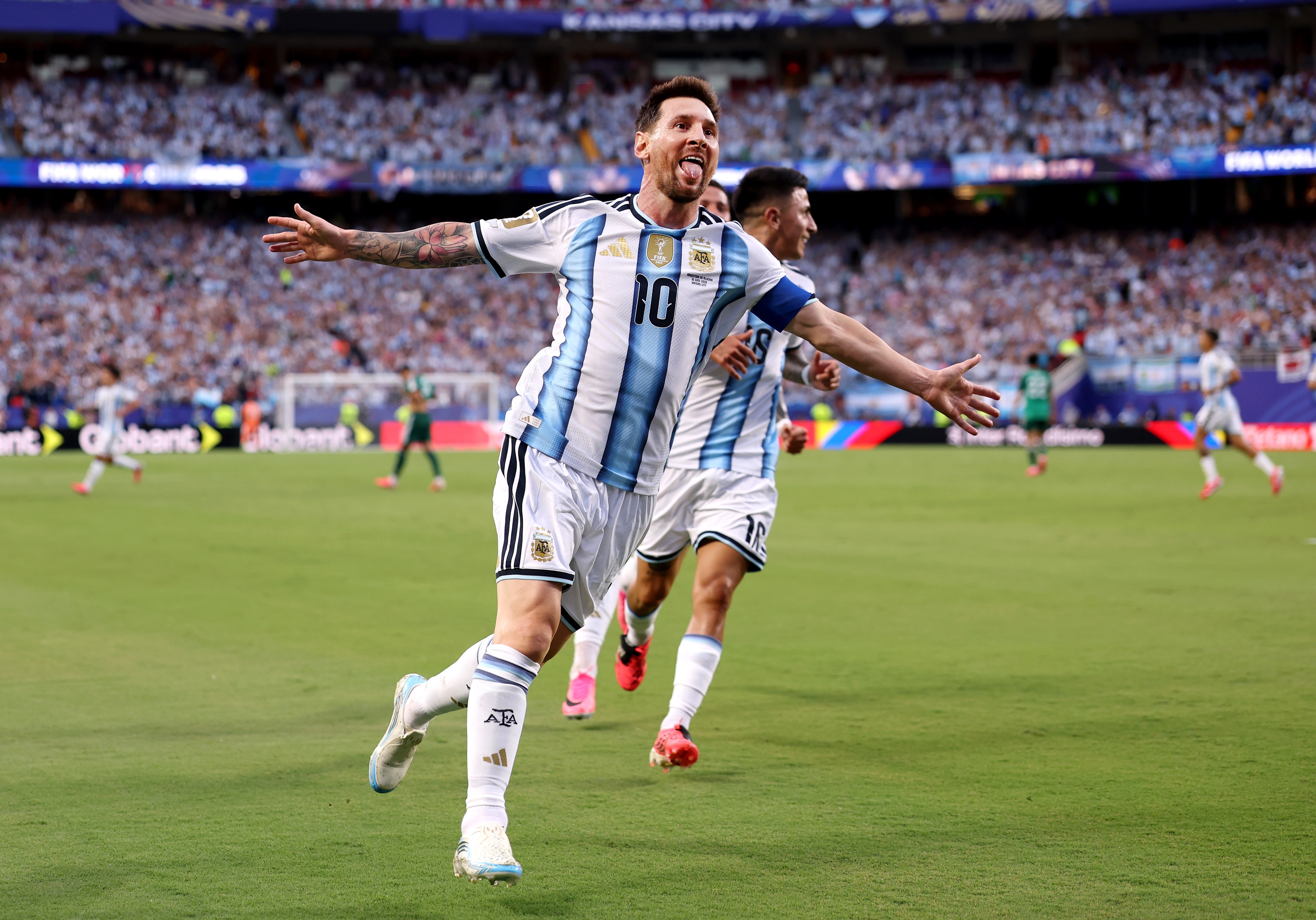 Lionel Messi celebrates scoring at the 2026 World Cup