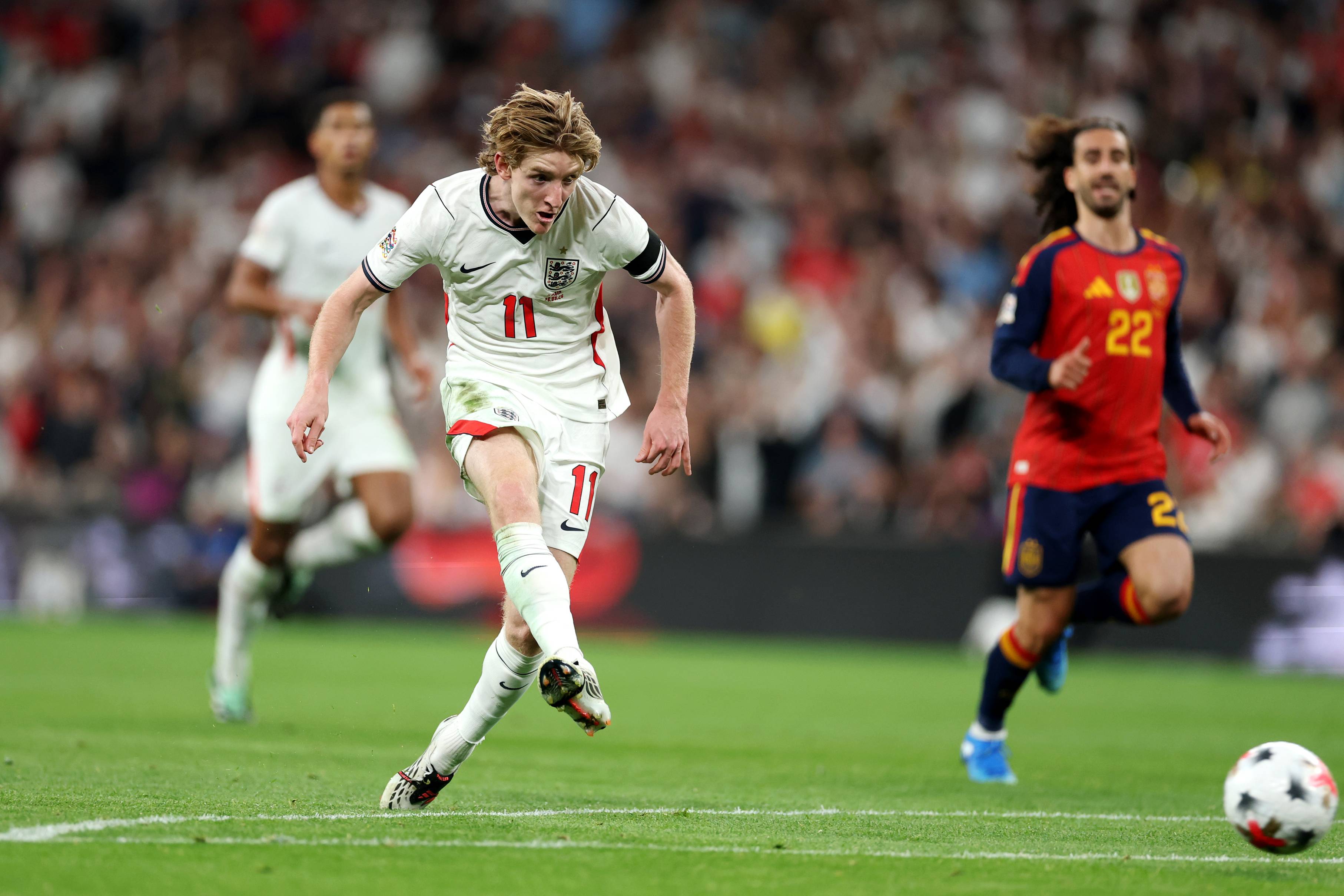 Anthony Gordon scores against Spain